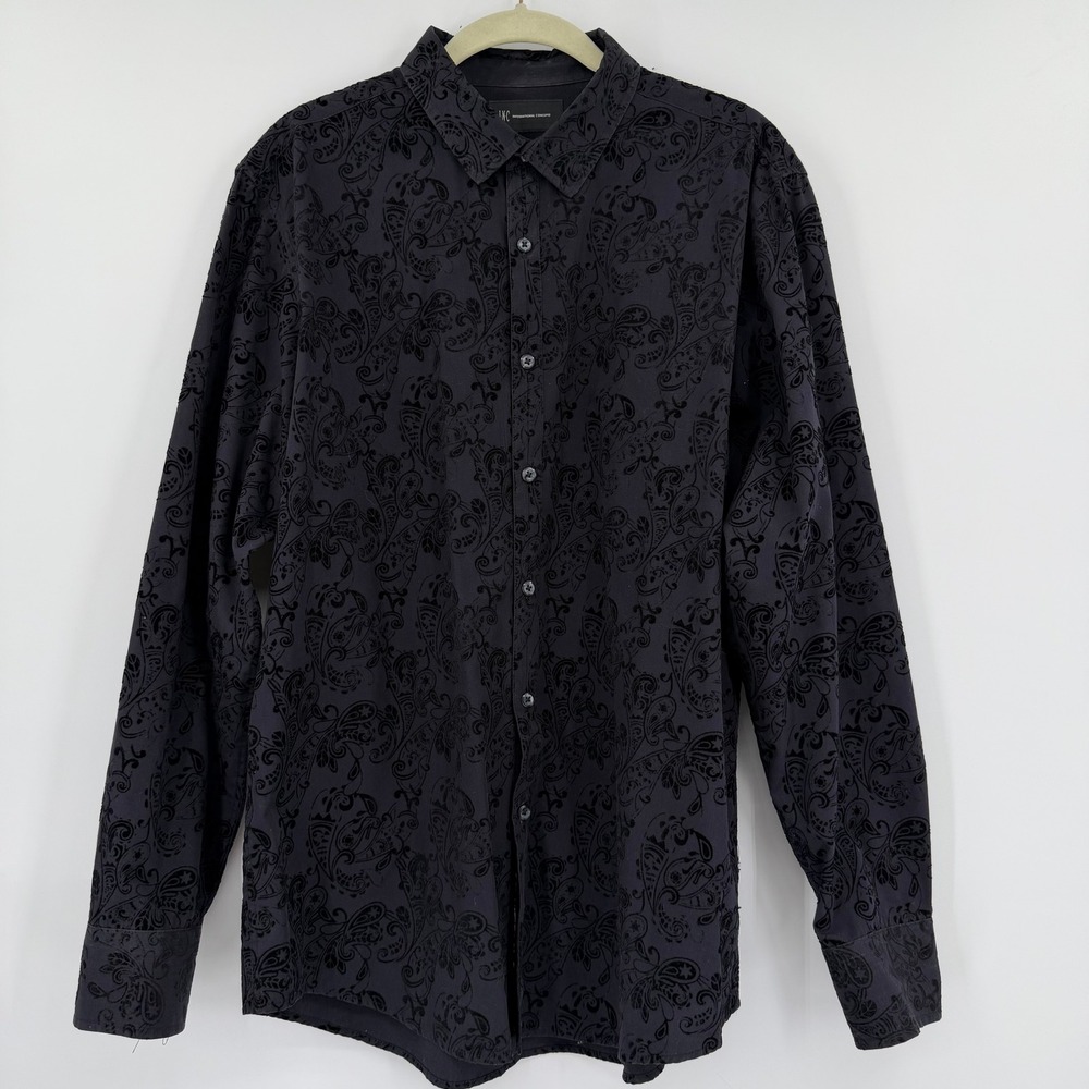 INC International Concepts Mens Black Paisley Velvet Button Down Shirt Large